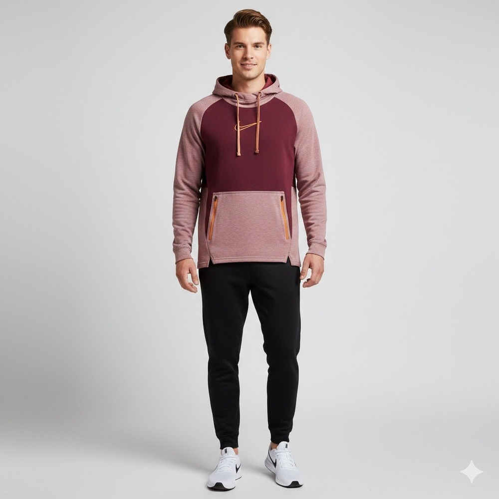 Nike Therma-FIT Mens Hoodie Burgundy Pink Colorblock‎ Pullover Large DQ4842-652